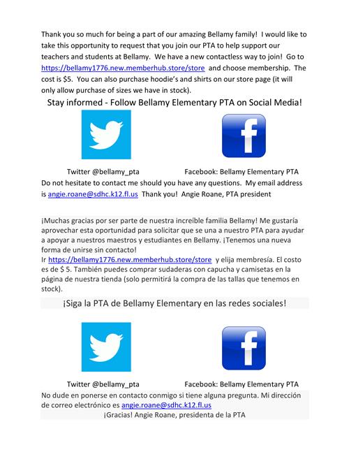 Join PTA for $5. Click link to signup. Follow Bellamy on Twitter and Facebook 